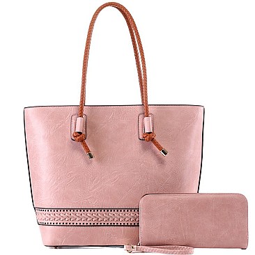 Braided Strap Shopper Tote Wallet SET