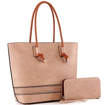 Braided Strap Shopper Tote Wallet SET