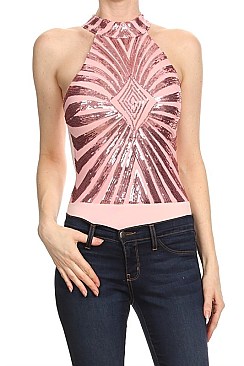 Pack of 6 Pieces Stylish Sequin Burst Solid/Mesh Sleeveless Top BJBCR4650