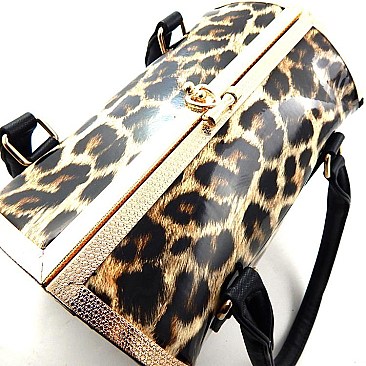 Patent Leopard Clutch-Top Boxy Animal Print Satchel