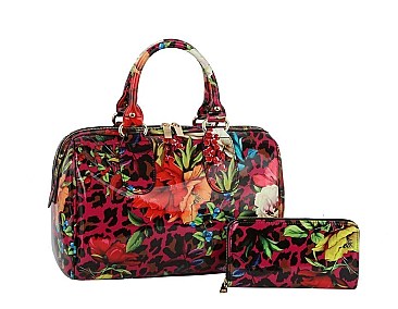 Flower Leopard Print Boston Satchel Wallet SET