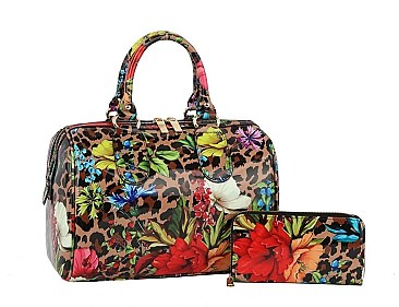 Flower Leopard Print Boston Satchel Wallet SET