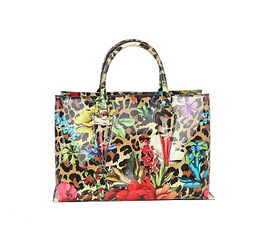 3-in-1 Flower Leopard Print Patent Satchel Wallet SET