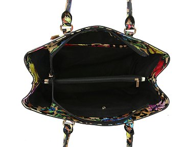 3-in-1 Flower Leopard Print Patent Satchel Wallet SET