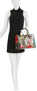 3-in-1 Flower Leopard Print Patent Satchel Wallet SET