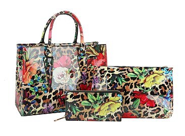 3-in-1 Flower Leopard Print Patent Satchel Wallet SET