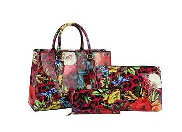 3-in-1 Flower Leopard Print Patent Satchel Wallet SET