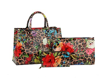 wholesale 3-in-1 Flower Leopard Print Patent Satchel Wallet SET