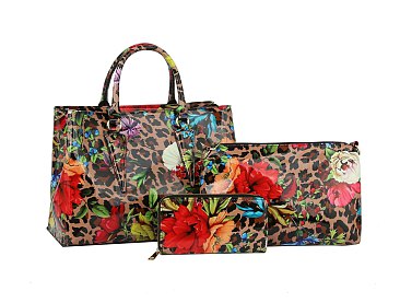 3-in-1 Flower Leopard Print Patent Satchel Wallet SET