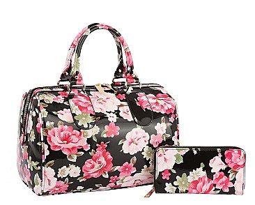 Glossy Flower Print 2-in-1 Boston Satchel Bag