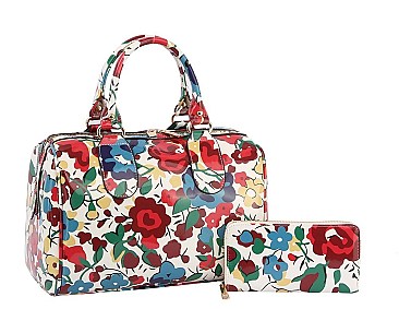 Glossy Flower Print 2-in-1 Boston Satchel Bag