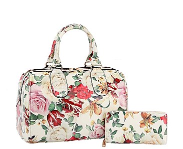 Glossy Flower Print 2-in-1 Boston Satchel Bag