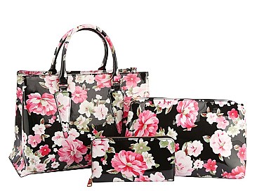 3 in 1 Glossy Flower Print Satchel Set