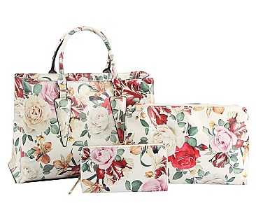 3 in 1 Glossy Flower Print Satchel Set