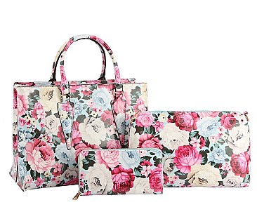 3 in 1 Glossy Flower Print Satchel Set