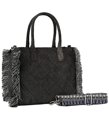 Quilted Tie Dyed Denim Tote with Guitar Strap