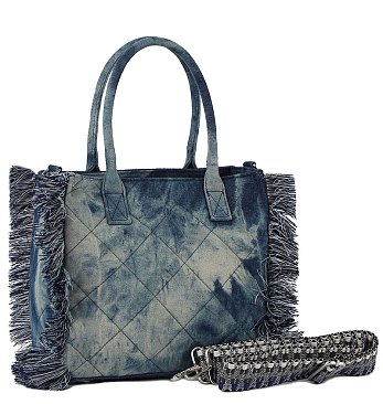 Quilted Tie Dyed Denim Tote with Guitar Strap
