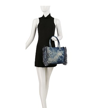 Quilted Tie Dyed Denim Tote with Guitar Strap