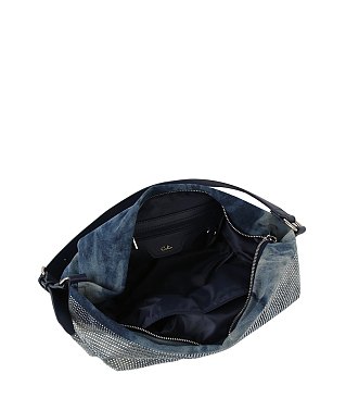 Rhinestone Studded Denim Hobo Shoulder Bag
