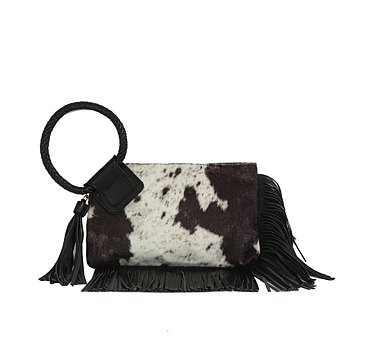 Calf Hair Cow Printed Fringe Cuff Handle Clutch