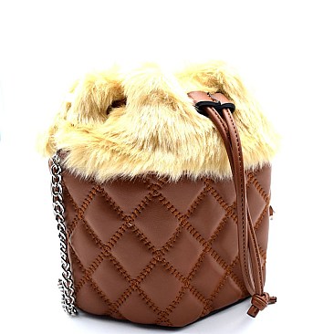 Fur-top Quilted Bucket Draw string Fashion Shoulder Bag