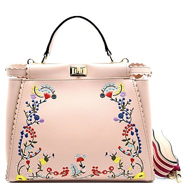 JY01421 -LP Flower Embroidery Turn-lock Satchel with Striped Strap