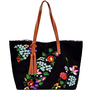 Floral Embroidered Reversible Tote