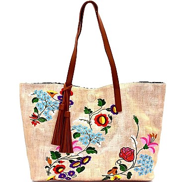 Floral Embroidered Reversible Tote