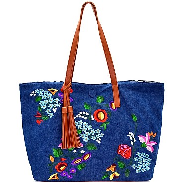 Floral Embroidered Reversible Tote