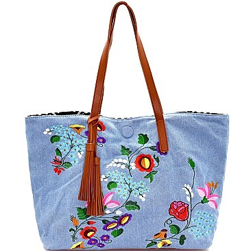 Floral Embroidered Reversible Tote