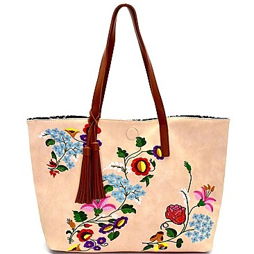 JY0145-LP Tassel Accent Flower Embroidery Reversible Tote