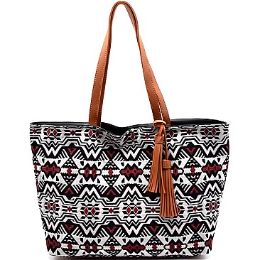 JY0145-LP Tassel Accent Flower Embroidery Reversible Tote