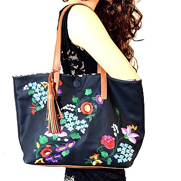 JY0145-LP Tassel Accent Flower Embroidery Reversible Tote