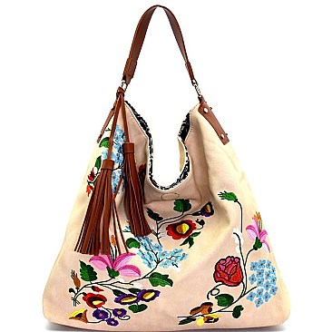 JY0146-LP Tassel Accent Flower Embroidery Reversible Hobo