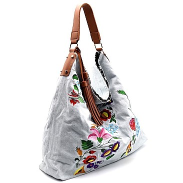 JY0146-LP Tassel Accent Flower Embroidery Reversible Hobo