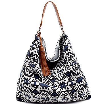 JY0146-LP Tassel Accent Flower Embroidery Reversible Hobo