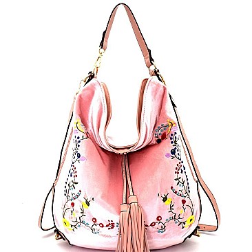 JY0172-LP Flower Embroidered Velvet Convertible Backpack Hobo