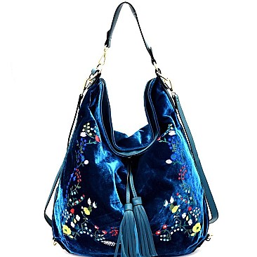 JY0172-LP Flower Embroidered Velvet Convertible Backpack Hobo