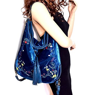 JY0172-LP Flower Embroidered Velvet Convertible Backpack Hobo