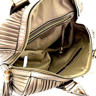 JY0195-LP Tassel Accent Vertically Lined Boston Satchel