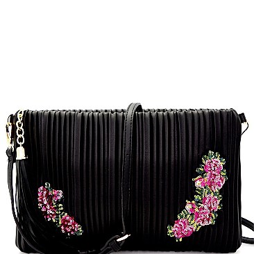 Glamorous Tassel Accent Vertically Lined Sequin Flower Embroidered Clutch MH-JY0207