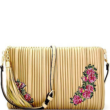 Glamorous Tassel Accent Vertically Lined Sequin Flower Embroidered Clutch MH-JY0207