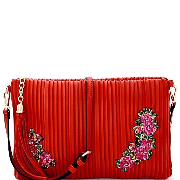 Glamorous Tassel Accent Vertically Lined Sequin Flower Embroidered Clutch MH-JY0207