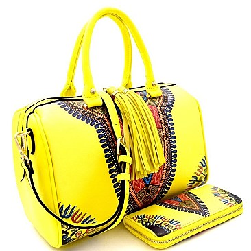 Tassel Accent Ethnic Print Boston Satchel Wallet SET MH-JY0222W