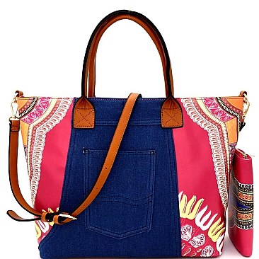 JY0223W-LP Denim Detail Ethnic Print Satchel Wallet SET