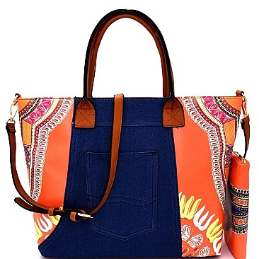 JY0223W-LP Denim Detail Ethnic Print Satchel Wallet SET