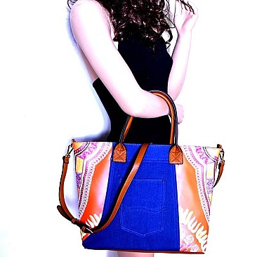 JY0223W-LP Denim Detail Ethnic Print Satchel Wallet SET