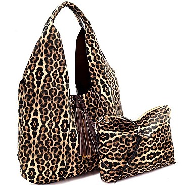 LEOPARD PRINT TWO TASSEL ACCENT HOBO SET