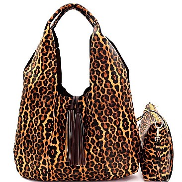 LEOPARD PRINT TWO TASSEL ACCENT HOBO SET