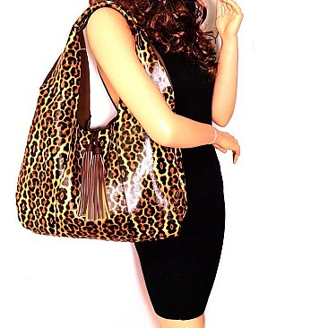 LEOPARD PRINT TWO TASSEL ACCENT HOBO SET